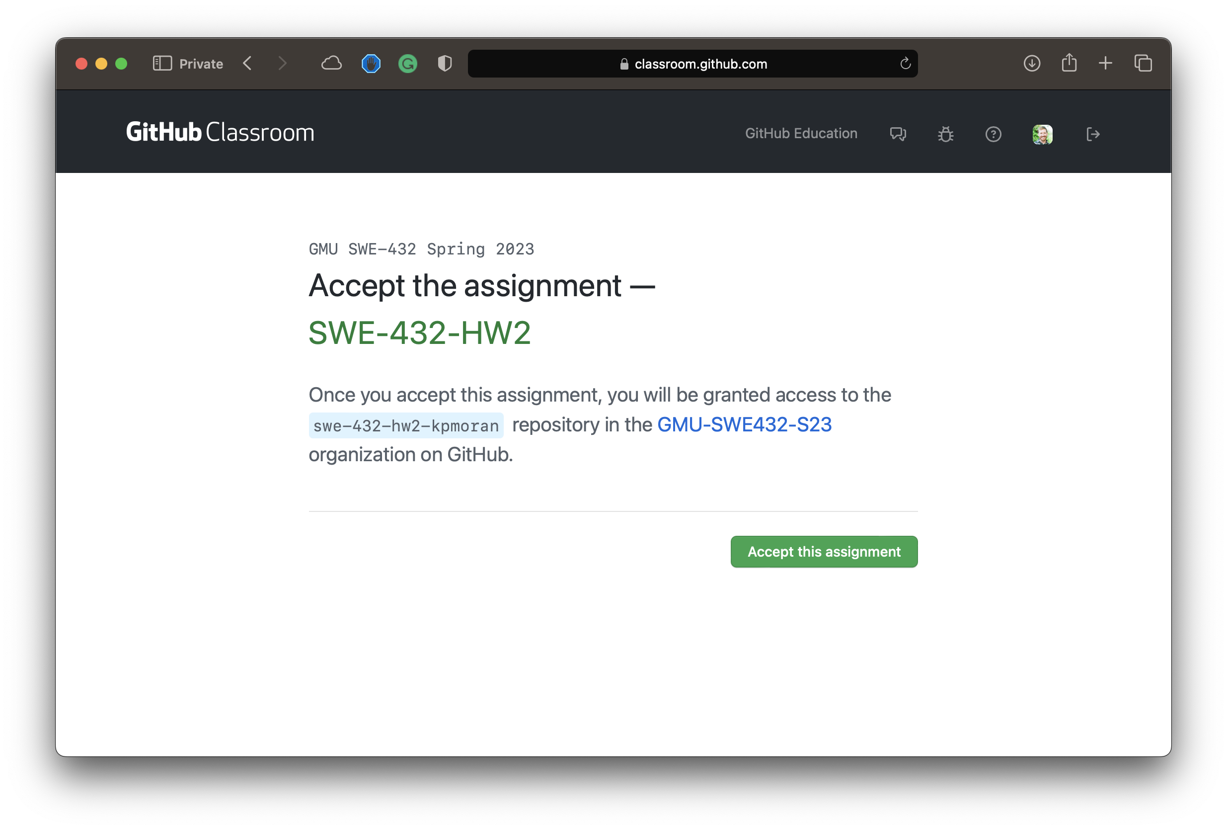 Github Classroom Accept Screen